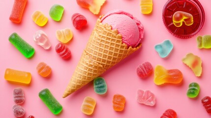 Colorful Gummy-Topped Ice Cream Cone on Pastel Pink Background, Minimalist Food Presentation
