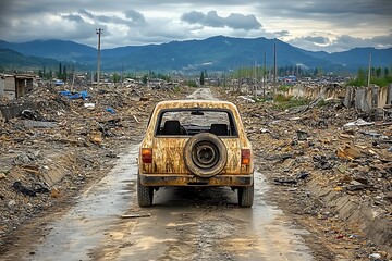 Abandoned car in devastated city