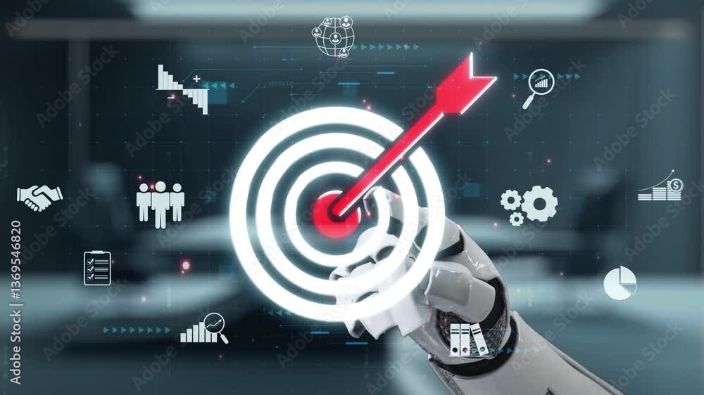 Aufkleber a modern robotic hand confidently points to a target with a red arrow, symbolizing focus and success