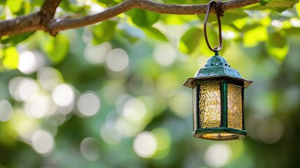 Garden Lantern Hanging Tree Branch, Sunlight, Bokeh Background, Relaxation