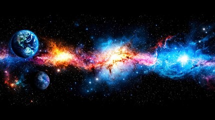 Celestial Panorama Earth and a Vibrant Nebula.