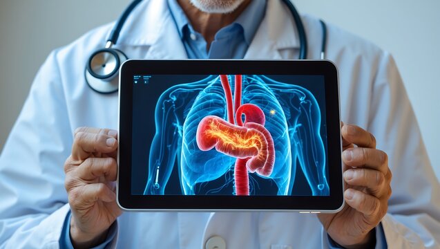 Medical Diagnosis: Doctor displaying a detailed digital illustration of the human pancreas, revealing insights into internal health.