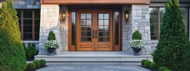 Obraz premium Elegant entrance featuring wooden doors and manicured shrubs in a modern stone house