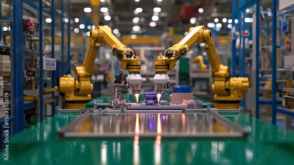 Poster two industrial robotic arms precisely working on a circuit board in a modern factory