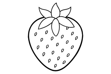 Strawberry with seeds and leaves line art vector illustration.