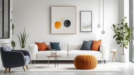 Modern, cozy living room with white sofa, colorful throw pillows, and abstract art.