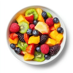 Obraz premium Delicious fruit salad bowl kitchen counter food photography bright colors top view freshness concept