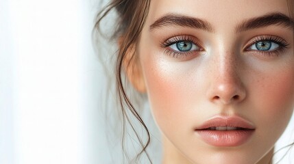 Fototapeta premium Close-Up of a Woman's Face with Smooth, Radiant Skin and Blue Eyes