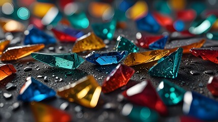Colorful shards on dark wet surface