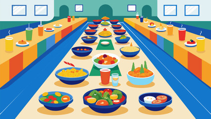 A long table set up in a gymnasium overflowing with colorful dishes from different cultures as a community gathers for a potluck feast.. Vector illustration