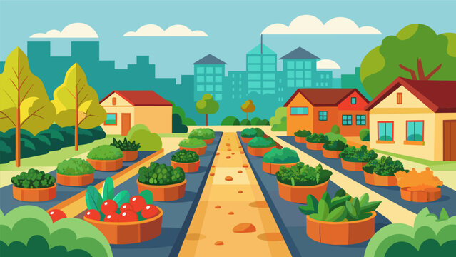 A neighborhood transformed by the efforts of the community garden with onceabandoned lots now thriving with fresh produce and vibrant colors.. Vector illustration