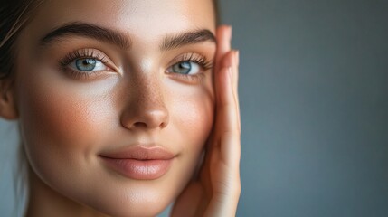Fototapeta premium Close-Up Portrait of Woman Applying Beauty Cream with Natural Glow