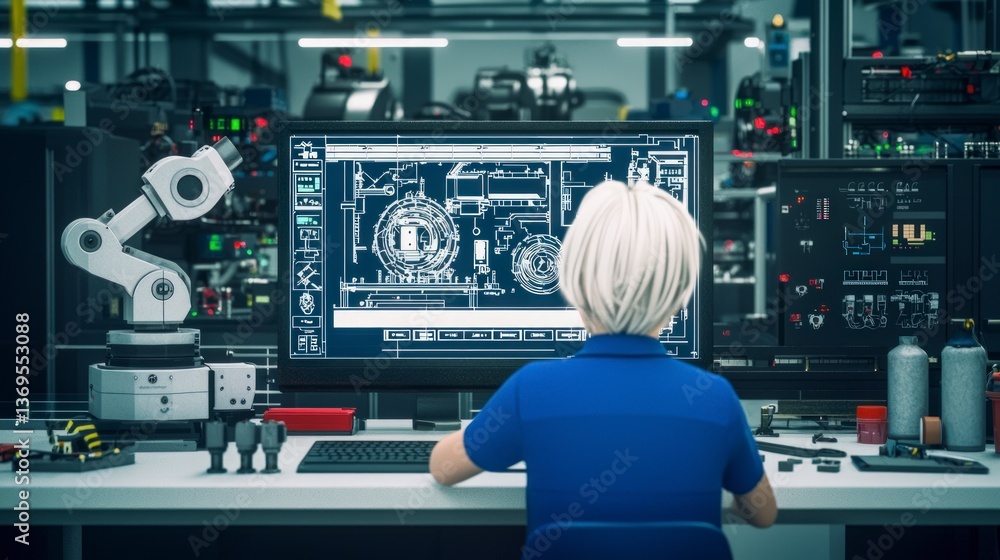 Poster female engineer working on industrial robot design blueprint on computer