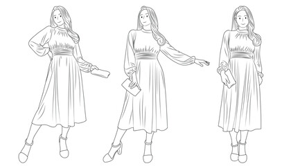 Woman Holding a Handbag in a Long-Sleeved Dress, Line Art Illustration.