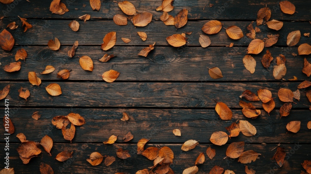 Poster Autumn leaves scattered on a rustic wooden surface creates a warm and inviting atmosphere in a serene setting