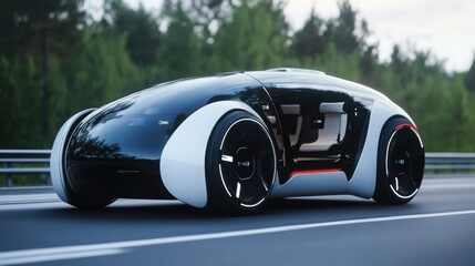 Innovative electric vehicle cruising along a modern highway in a serene natural setting during daytime