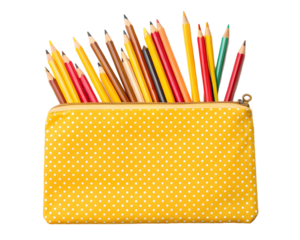 Colorful pencils in yellow polka dot pencil case isolated against a transparent background studio shot