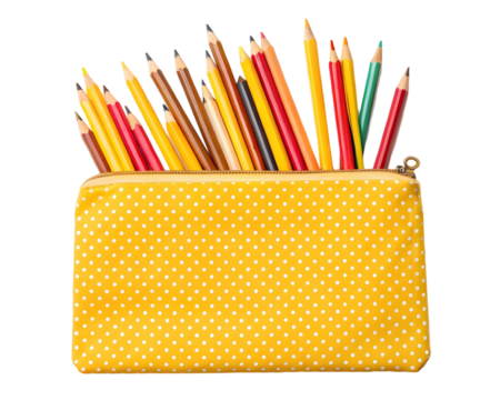 Colorful pencils in yellow polka dot pencil case isolated against a transparent background studio shot - Powered by Adobe