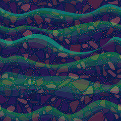 Terrazzo and waves, colorful seamless pattern in purple, green and brown colors. Unusual ceramic tiles.
