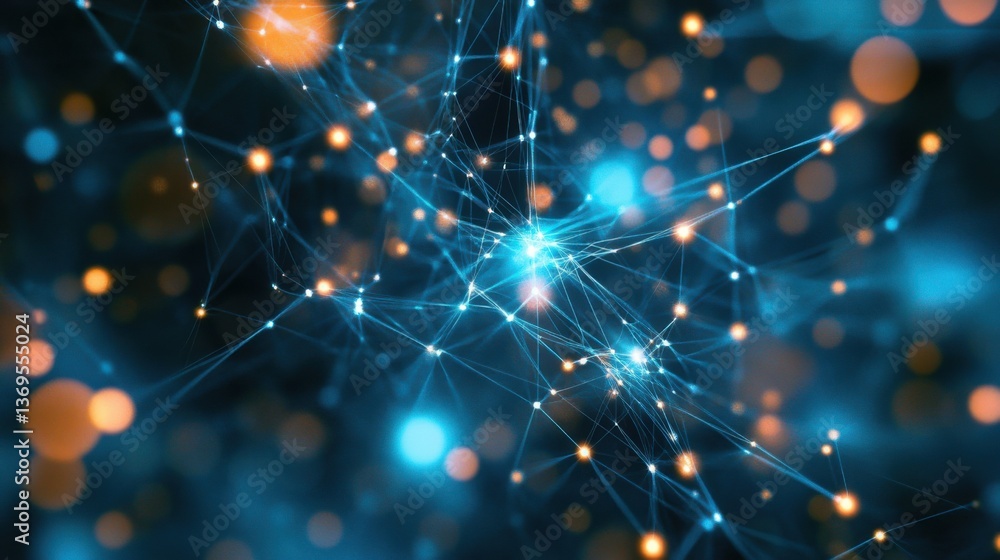 Poster colorful abstract network of interconnected nodes and bright lights in a dark space representing dig