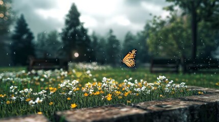 Obraz premium Serene Butterfly Soaring Over Spring Flowers in a Peaceful Park