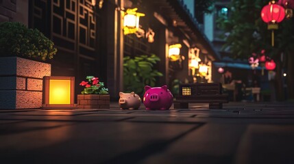 Two Piggy Banks Sitting on a Bench at Night in a Charming Asian Street Setting
