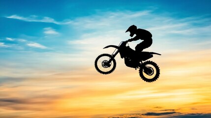 Silhouette of a motorcycle rider performing a jump against a sunset