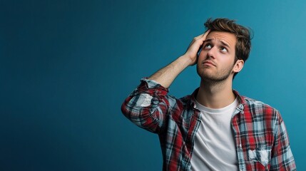 Fototapeta premium Young Man with Doubtful Expression Thinking and Scratching His Head