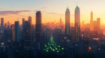 Fototapeta premium Futuristic Cityscape at Sunset Illuminated Park Path Between Skyscrapers