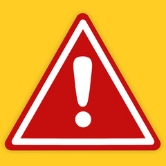Hazard warning triangle sign with exclamation mark symbol isolated on yellow background. Red caution warning sign vector illustration in simple style. Design for logo, website, or industrial element