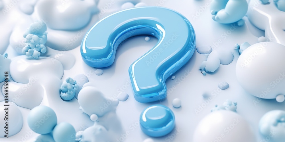 Poster blue question mark surrounded by bubbles on a soft white background creating a playful and curious a