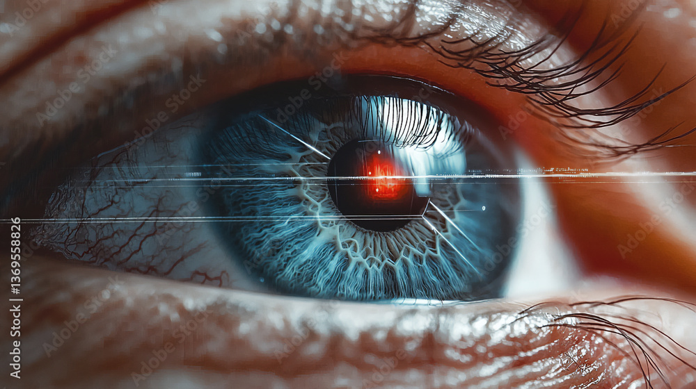 Poster a detailed rendering of an eye being scanned by a laser or optical device, with a focus on the techn