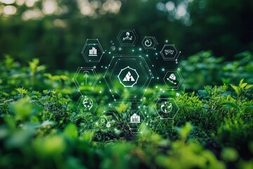 Green plants with overlaid ecological and technological process icons