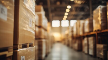 Fototapeta premium Warehouse interior filled with stacked boxes showcasing logistics during daylight