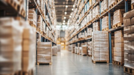 Fototapeta premium Large warehouse filled with stacked pallets and organized aisles during daytime operations
