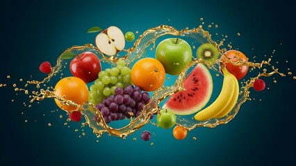 fruits and water on green background