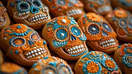 Colorful sugar skull cookies adorned with intricate designs, celebrating the Day of the Dead tradition, showcasing vibrant artistry and festive spirit.