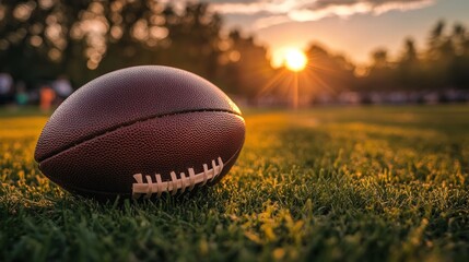 Football at sunset on a grassy field with people in the background