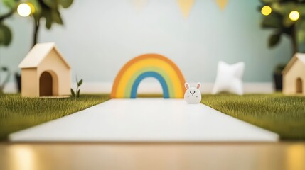 Adorable Bunny Rabbit Figurine on Path Near Rainbow and Miniature Houses in a Child's Playful Scene
