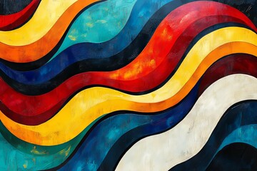 Colorful abstract painting showing wavy bands of different hues and shades