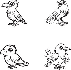 Cartoon Bird Character Set – Cute Outline Bird Illustrations for Kids and Coloring Pages