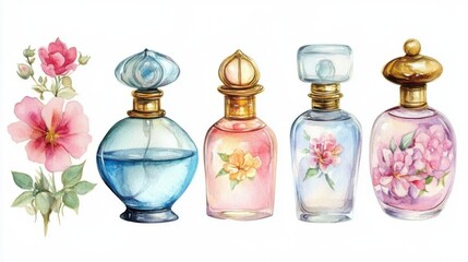 Watercolor Perfume Bottles with Pink and Blue Flowers