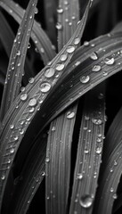 Naklejka premium Close-up monochrome image of dew-kissed plant leaves, aesthetics, high contrast, vegetation