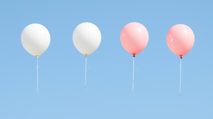 Four balloons against a clear sky. Two white and two pink
