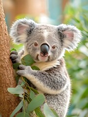 Fototapeta premium Koala eating eucalyptus with tree, and closeup.