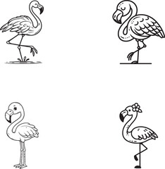 Cartoon Flamingo Character Set – Cute Flamingo Outlines and Standing Bird Illustrations for Kids and Coloring Pages