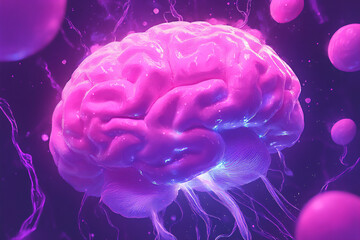 Obraz premium a digital painting with a slightly surreal and expressive feel, showing the brain character excitedly bursting with ideas,