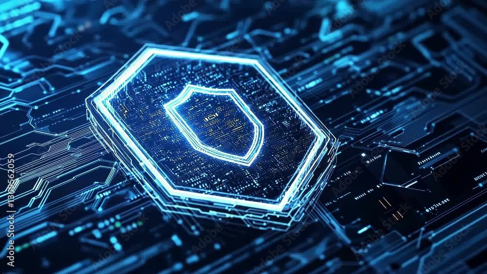 Poster glowing shield icon hovering above a circuit board, representing data protection and network securit