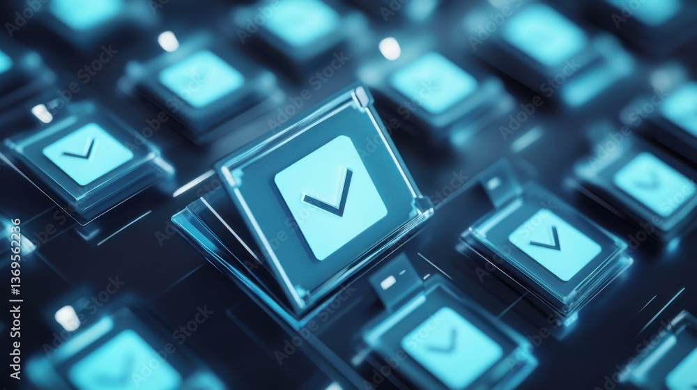 Poster modern digital interface featuring glowing checkmark buttons in a sleek design with a blue color sch