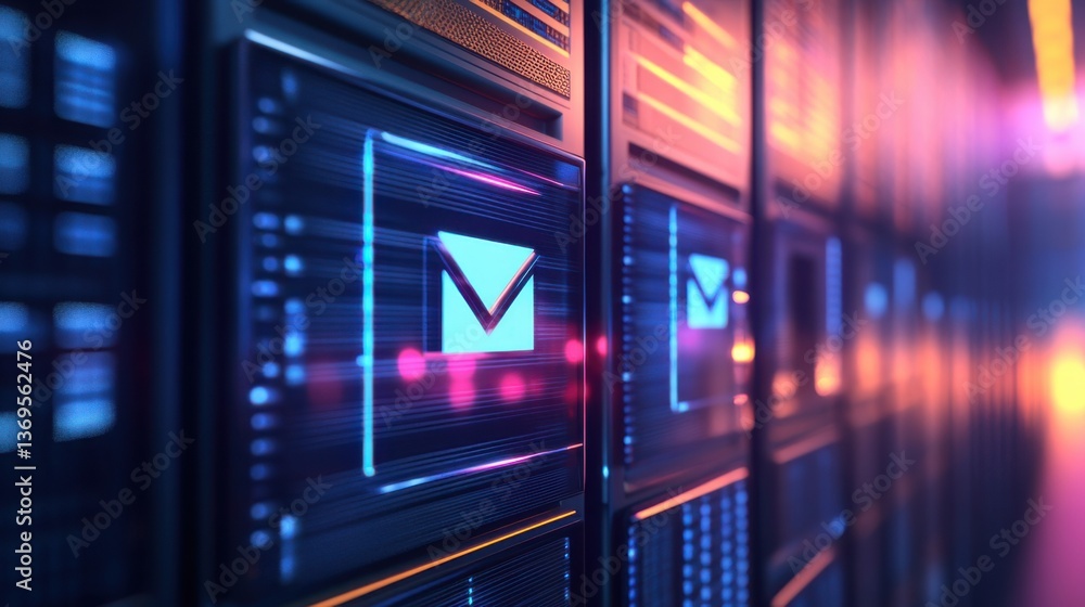 Poster modern data center showcasing digital email icons on server racks illuminated by colorful lights